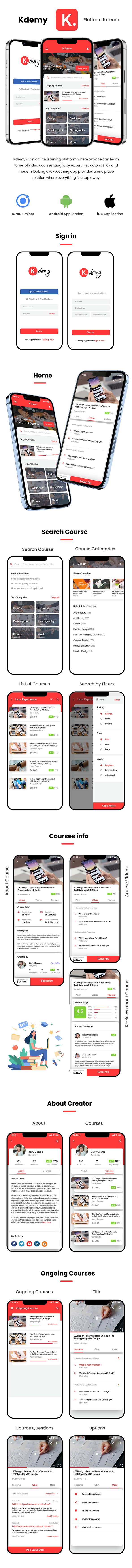 Online Learning Android App + iOS App Template | HTML + Css IONIC 3 | Kdemy - 2